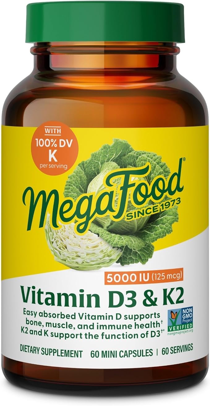 MegaFood Vitamin D3 5000 IU (125 mcg) - Vegetarian Supplements with Vitamin D3 K2 - Supports Bones Teeth Muscles &amp Immune Health - Certified Non-GMO - 60 Mini Capsules 60 Servings