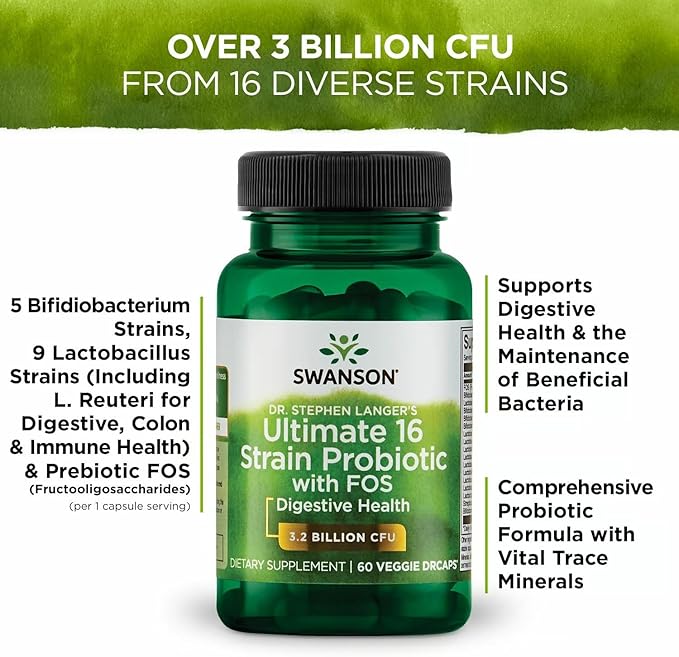 Swanson Dr. Stephen Langer's 16-Strain Probiotic with Prebiotic FOS for Gut-Health-Conscious Adults with 3.2 Billion CFU (60 Vegan Capsules 4 Pack)