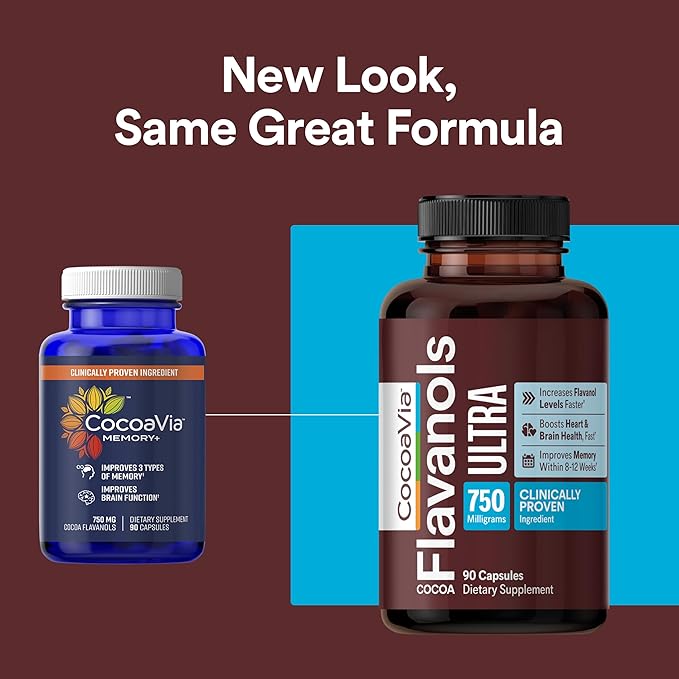 CocoaVia Ultra 750mg Cocoa Flavanols – Heart &amp Brain Support Memory &amp Blood Circulation Booster High Flavanol Cocoa for Nitric Oxide Energy &amp Oxygen Boost Vegan Gluten-Free 90-Day Su