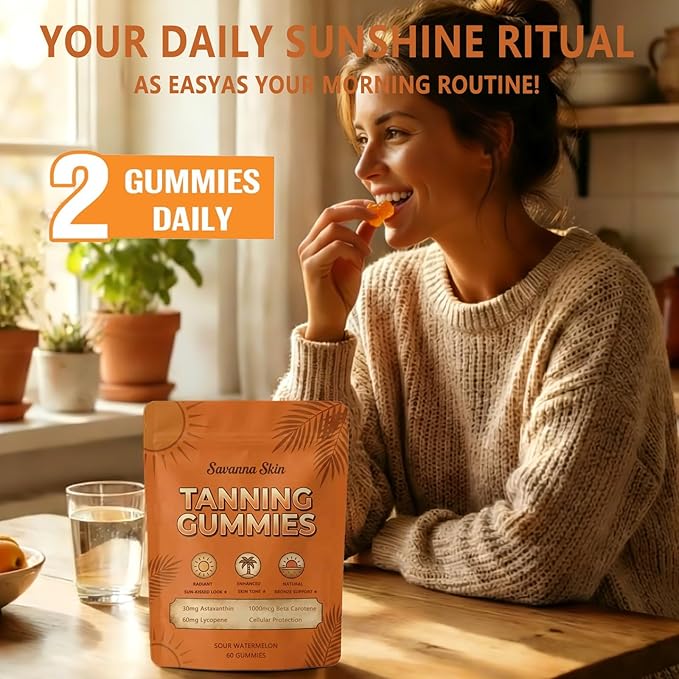 Savanna Skin Tanning Gummies:Antioxidant Beauty Gummies with Beta-Carotene &amp Lycopene for a Healthy Sun-Kissed Look – 60 Daily Beauty Gummies