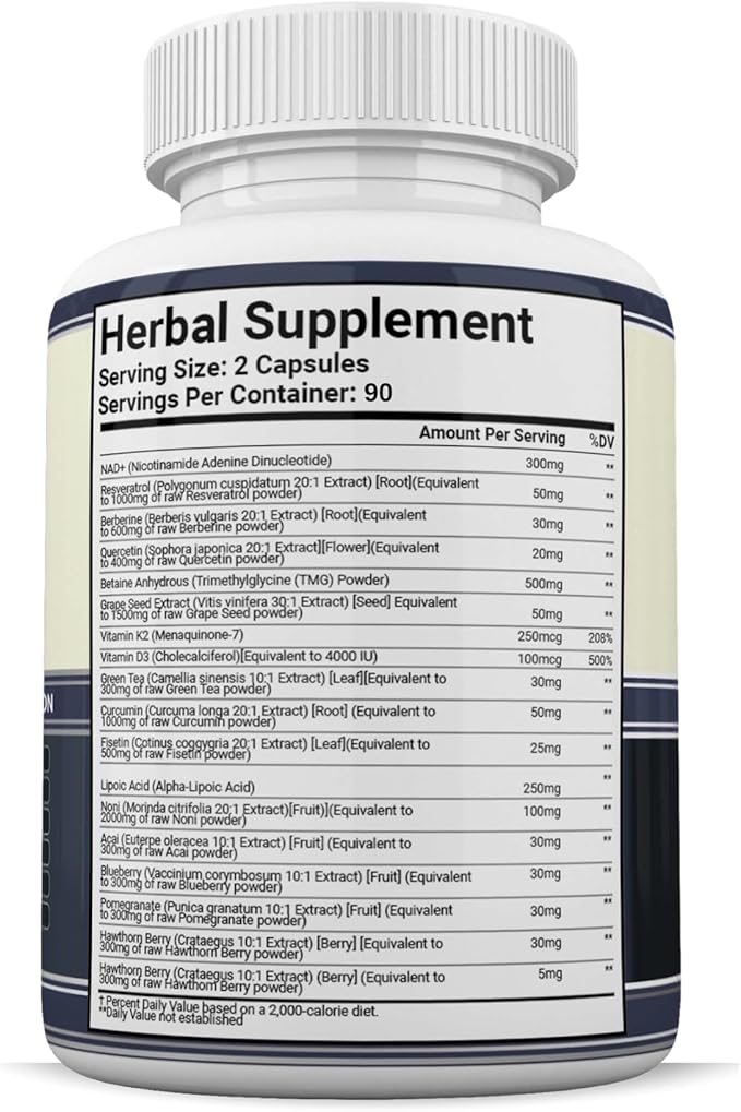 NAD+ Resveratrol Supplement for Energy Cellular Health &amp Healthy Aging – High Potency NAD Plus Capsules for Men &amp Women – Antioxidant Support (180 Count (Pack of 1))