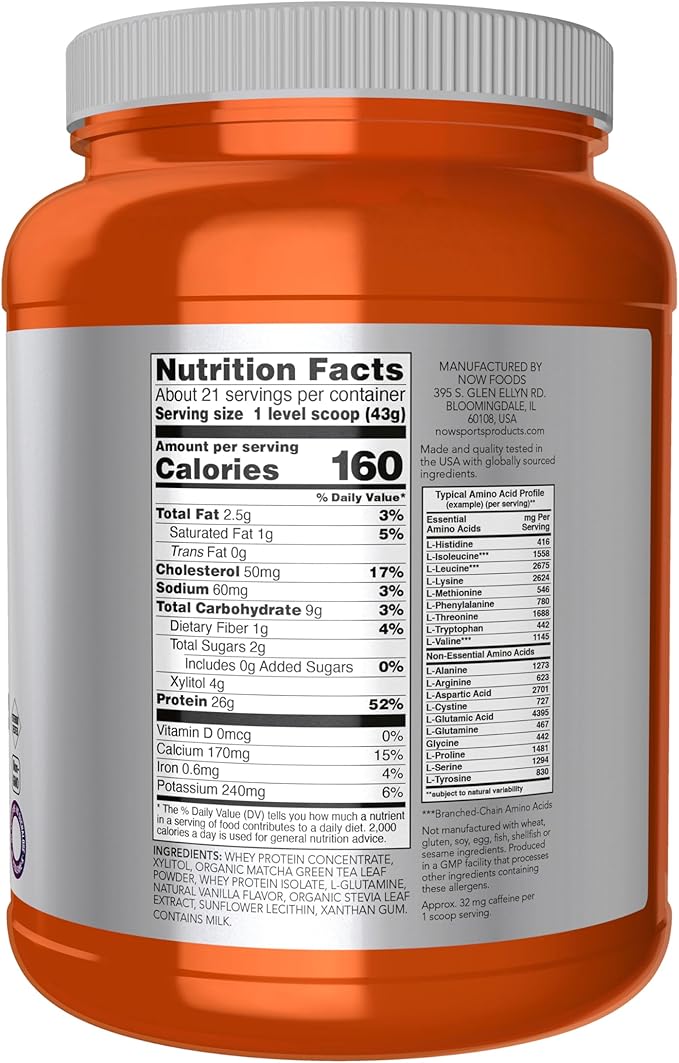 Now Sports Nutrition Whey Protein 24 G with BCAAs Matcha Powder 2-Pound