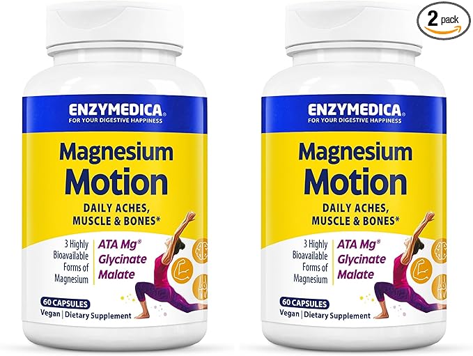 Enzymedica Magnesium Motion with 3 Forms of Magnesium ATA Mg Glycinate Malate Soothes Occasional Aches Supports Bones &amp Muscles 60 Count (Pack of 2)