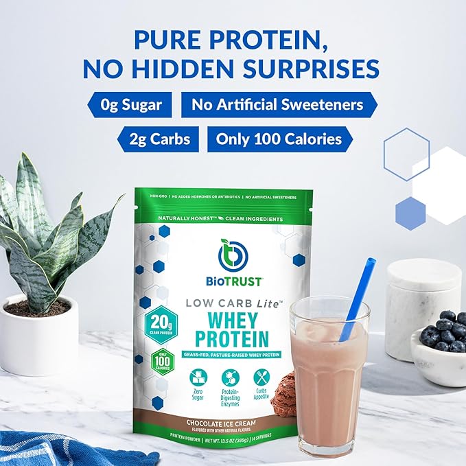 BioTrust Low Carb Lite 20 Grams of Grass-Fed Whey Protein Isolate 100 Calories ProHydrolase Digestive Enzymes Non-GMO Free from Soy and Gluten rBGH-Free (14 Servings) (Chocolate Ice Cream)