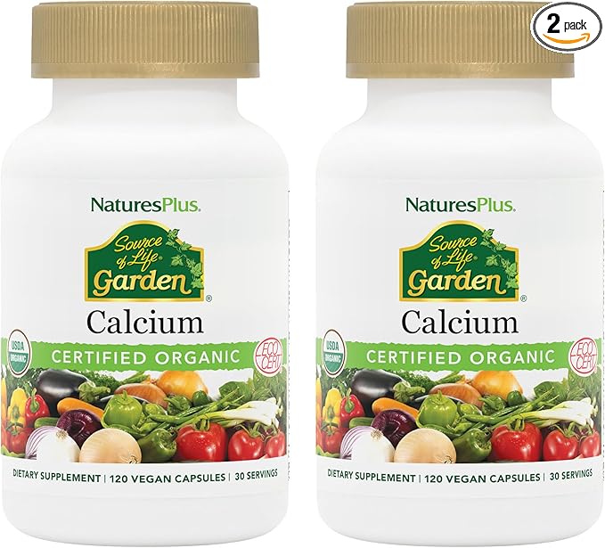 NaturesPlus Source of Life Garden Calcium - 120 Capsules 2 Pack - Calcium Supplement with Magnesium &amp 20 Whole-Food Extracts - USDA Certified Organic Non-GMO Vegan Gluten Free - 60 Total Servi