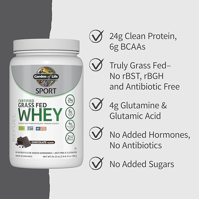 Garden of Life SPORT Whey Protein Powder Chocolate Premium Grass Fed Whey Protein Isolate plus Probiotics for Immune System Health 24g Protein Non GMO Gluten Free Cold Processed - 20 Servings
