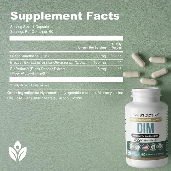 Swiss Activa+ Labs DIM Supplement – Hormone Balance for Women &amp Men – Estrogen Supplement for Women and Men– Supports Hormonal Acne &amp Menopause Symptoms| Gluten Free Non-GMO &amp Vegan – 120