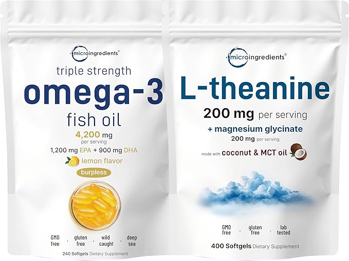 Micro Ingredients Omega-3 Fish Oil 4200mg Softgels &amp L-Theanine 200mg Bundle 2 Pack | Wild-Caught Fish Burpless with Lemon Flavor | Amino Acid &amp Mineral Complex