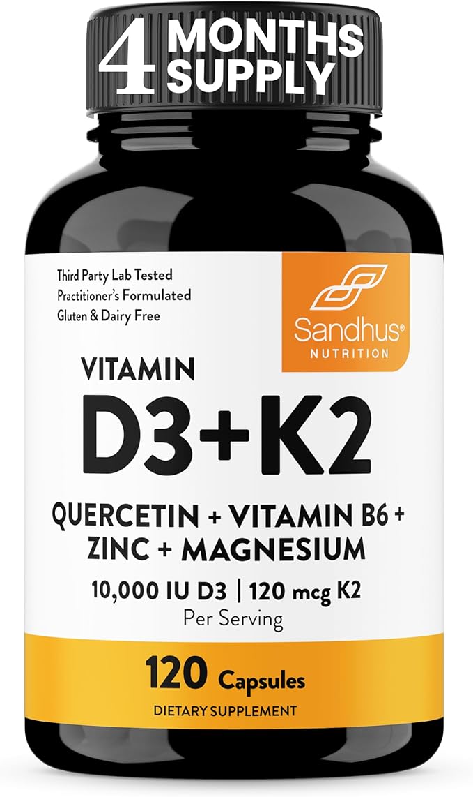 Sandhu's Vitamin D3 K2 10000 IU Bundle with Zinc Quercetin &amp Magnesium Glycinate Capsules (120 Count Each) | for Men &amp Women