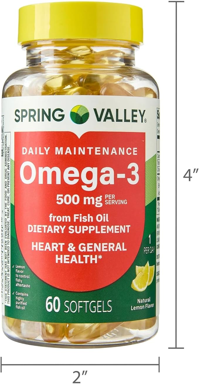 SUREFECT Spring Valley Daily Maintenance Omega-3 from Fish Oil Dietary Supplement Softgels for General &amp Heart Health Support Lemon Flavor 500 mg 60 Count Organizer.