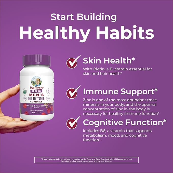 MaryRuth Organics Mens Vitamin Gummy | USDA | Vegan | Daily Multivitamins for Immune Support | Non-GMO | Gluten Free | 60 Count