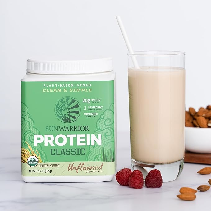 Sunwarrior Brown Rice Protein Powder with Bcaa &amp Amino Acids Raw Rice Protein Shake Gluten Free Low Carb Dairy Free | Plant Based Classic Sprouted Brown Rice Protein Powder Natural 375g