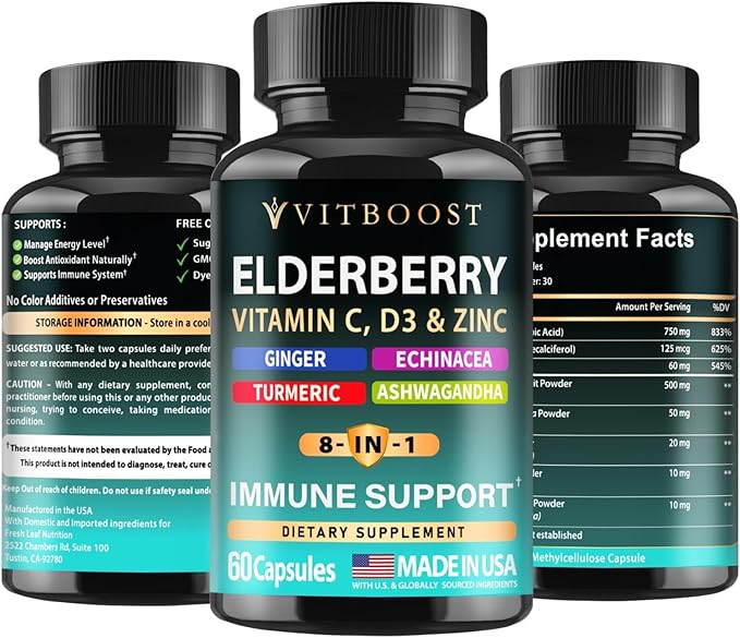 2 Pack Elderberry Immune Support Supplement 8-in-1 Formula with Echinacea Vitamin C &amp Zinc Vitamin D 5000 IU Turmeric Ginger Ashwagandha – 60 Capsules Each