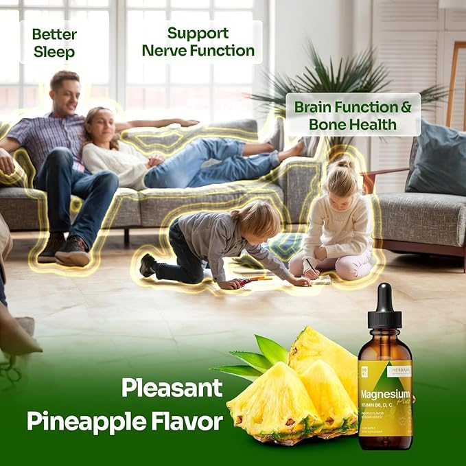 Magnesium Drops - Citrate + Glycinate + L-Threonate - Pineapple Flavor - with B6 D &amp C - Kid-Friendly Magnesium Liquid Drops 2 fl oz