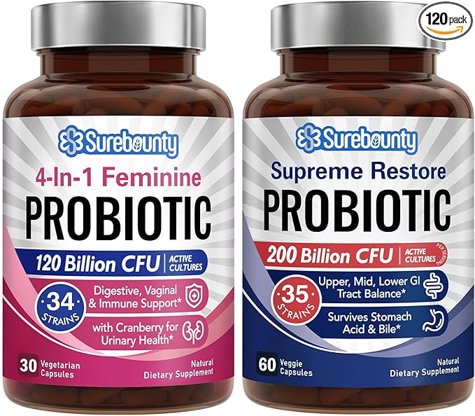 Probiotic Bundle 4-in-1 Feminine Probiotic (30ct) &amp Supreme Restore Probiotic (60ct) 2 Packs Cranberry Vaginal Support GI Tract Balance Vegan Non-Dairy
