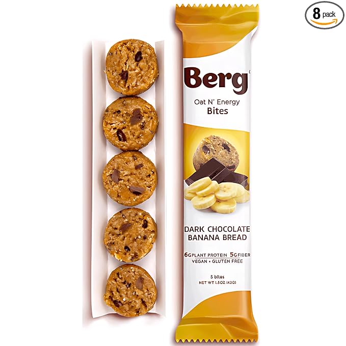 Berg Oat N' Energy Bites - Dark Chocolate Banana Bread - Non-GMO Gluten Free Dairy Free Soy Free and Vegan - Clean Energy Snack - 1.5oz (8 Pack)