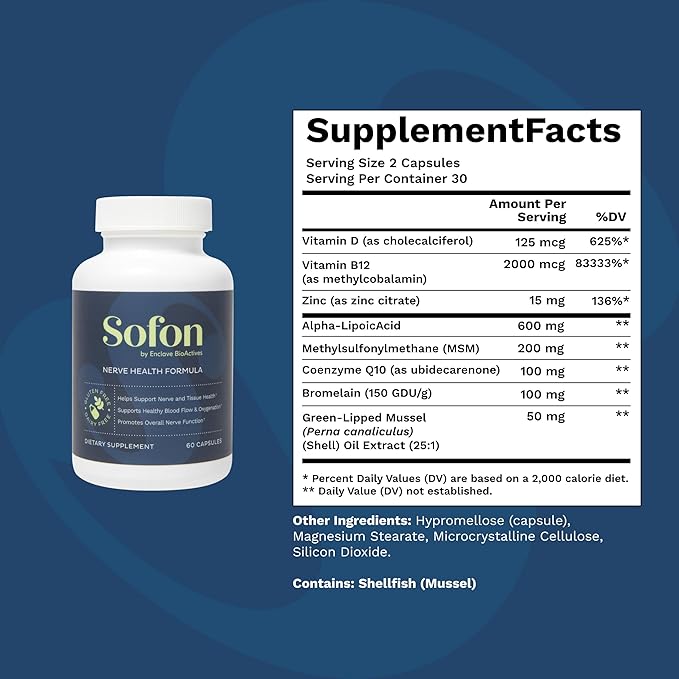Nerve Support Supplement 2 Pack (60 Caps 30 Servings) Neuropathy Supplements Blend for Healthy Feet. Vitamin D B12 Zinc Alpha-Lipoic Acid MSM Coenzyme Q10 BromelainGreen-Lipped Mussel