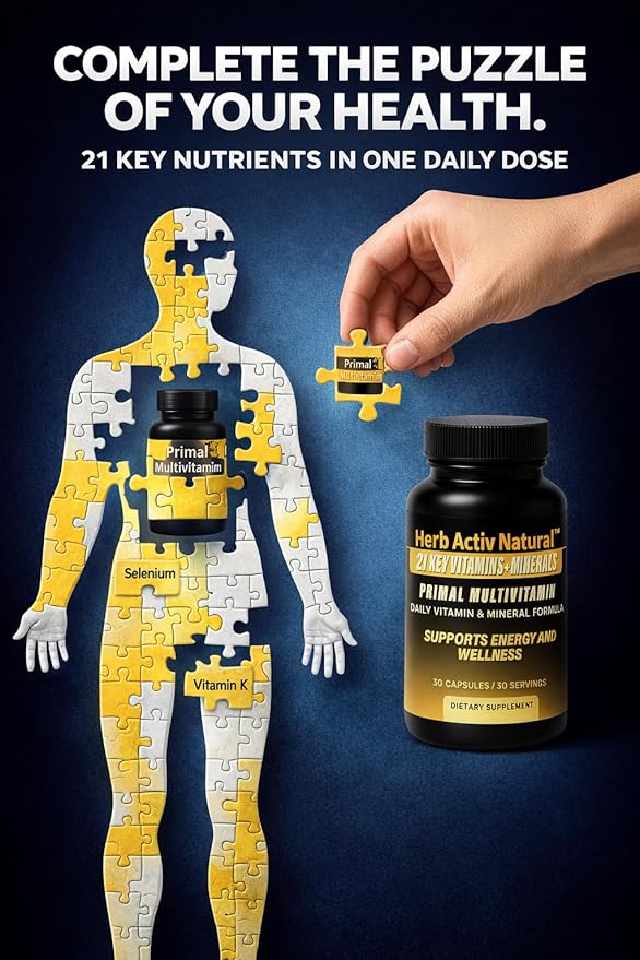 Primal Multivitamin - 21 Essential Vitamins &amp Minerals - Daily Vitamin &amp Mineral Supplement - Energy &amp Wellness Support - 30 Capsules