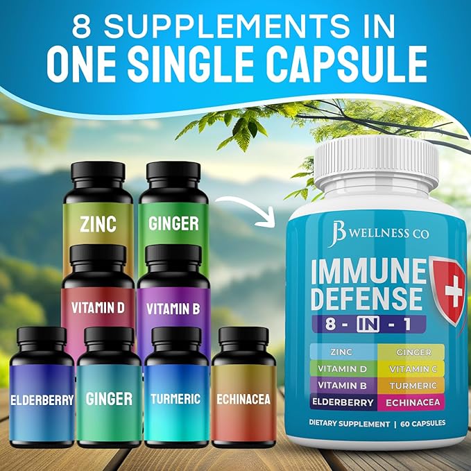 Immune Support 8 in 1 Capsules - Zinc Supplement Vitamin D3 Vitamin C and Elderberry - Immune Booster Supplement with Echinacea Ginger Root and Turmeric