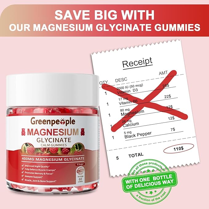 GREENPEOPLE Magnesium Glycinate Gummies 400mg - Sugar Free Magnesium Supplement with Magnesio Citrate Vitamin D and B6 for Calm Support &amp Sleep for Adults - High Absorption - Raspberry Gummies