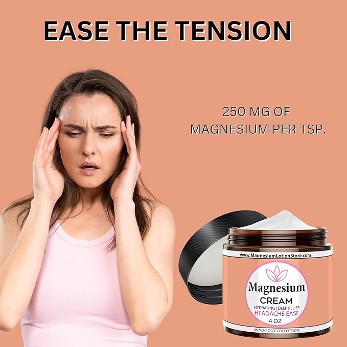 Magnesium Cream for Headache Migraines Muscle Soreness Cramps Relief with Shea Butter Coconut Oil Aloe Vitamin E - Magnesium Cream for Calm &amp Relaxation - Peperminty Scent - 4fl oz - USA Mad