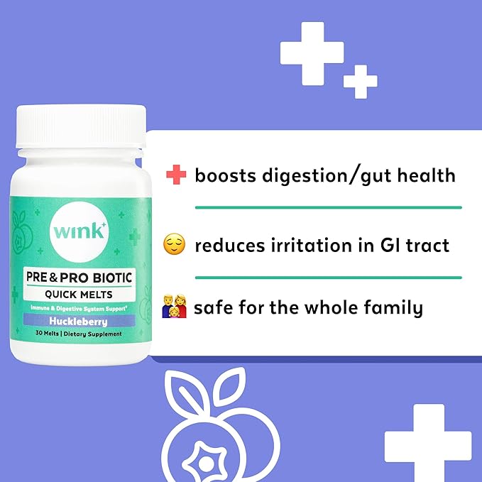 Wink Well Prebiotics and Probiotics Immune System Booster Dietary Supplement for Digestive Health Bloating Relief and Support- for Kids and Adults (Huckleberry Flavor 30 Melts)