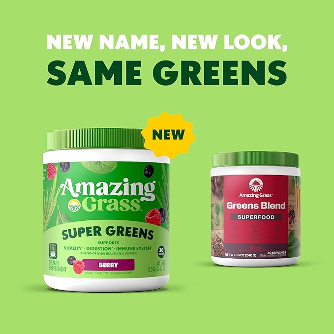Amazing Grass Greens Superfood Powder: Greens Powder with Digestive Enzymes &amp ProbioticsOrganic SpirulinaChlorellaand Beet Root PowderBerry30 Servings (Packaging May Vary)(Pack of 2)