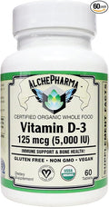 Vitamin D3 (5000 IU - 125 mcg) Certified Organic Chemically-Identical to cholecalciferol of Animal-Origin - Vegan Kosher Halal (60 Tablets)