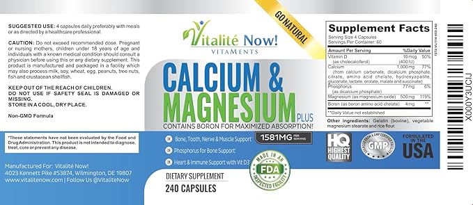 Calcium Magnesium Supplement with Vitamin D - 10 Forms of Calcium 1000mg for Maximum Absorption - Bone Strength Support with Boron and Phosphorus - 240 Capsules - 2 Month Supply