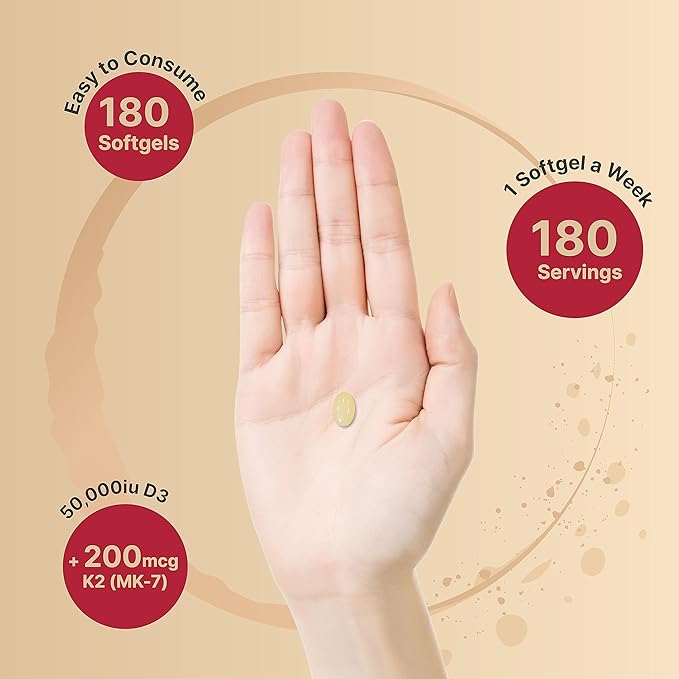 NatureBell Vitamin D3 50000 IU with Vitamin K2-180 Softgels - High-Potency Bone &amp Immune Support* - Easy Absorption with Coconut Oil - Non-GMO &amp Gluten-Free