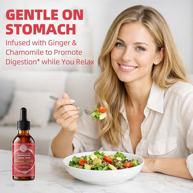 Magnesium Glycinate Liquid with Chamomile Hawthorn &amp Ginger for Stress Relief and Digestive Comfort Fast Absorption Non-GMO Vegan Formula Sugar Free Strawberry Flavor 2 Fl OZ