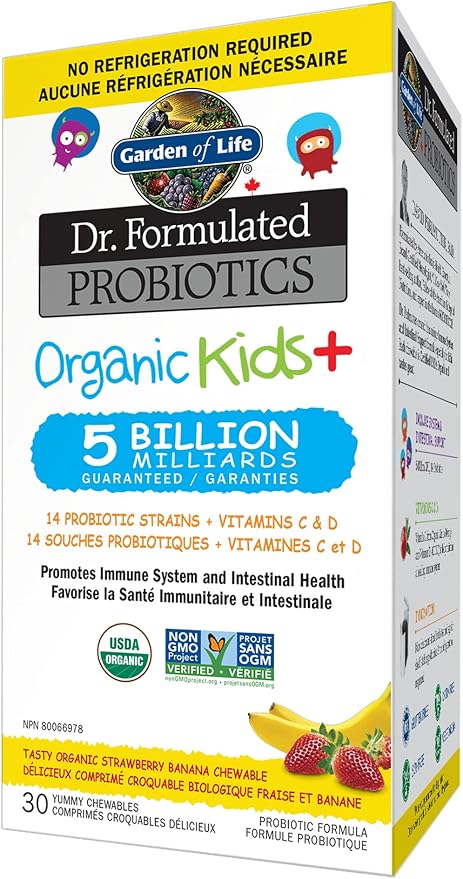 Garden of Life Dr. Formulated Probiotics Organic Kids+-Digestive Health Support-Prebiotic Fiber&ampVitamins C&ampD-Supports Immune Function-Shelf Stable-Strawberry Banana30 Yummy Chewables(Pack of