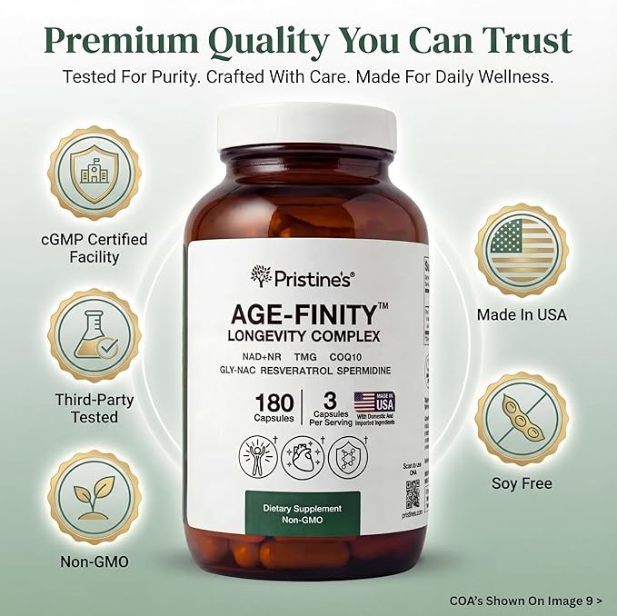 PRISTINE'S Age Finity NAD+ &amp NR Cellular Optimzation Mitochondrial Supplement - NAD Nicotinamide Riboside TMG CoQ10 GlyNAC Resveratrol Spermidine - Cellular Longevity Support - 3rd Party Tes