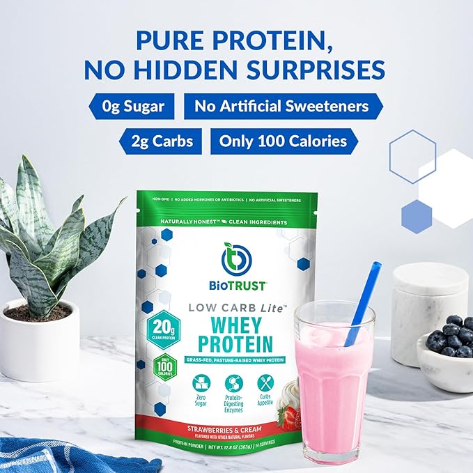 BioTrust Low Carb Lite 20 Grams of Grass-Fed Whey Protein Isolate 100 Calories ProHydrolase Digestive Enzymes Non-GMO Free from Soy and Gluten rBGH-Free (14 Servings) (Strawberries and Cream)