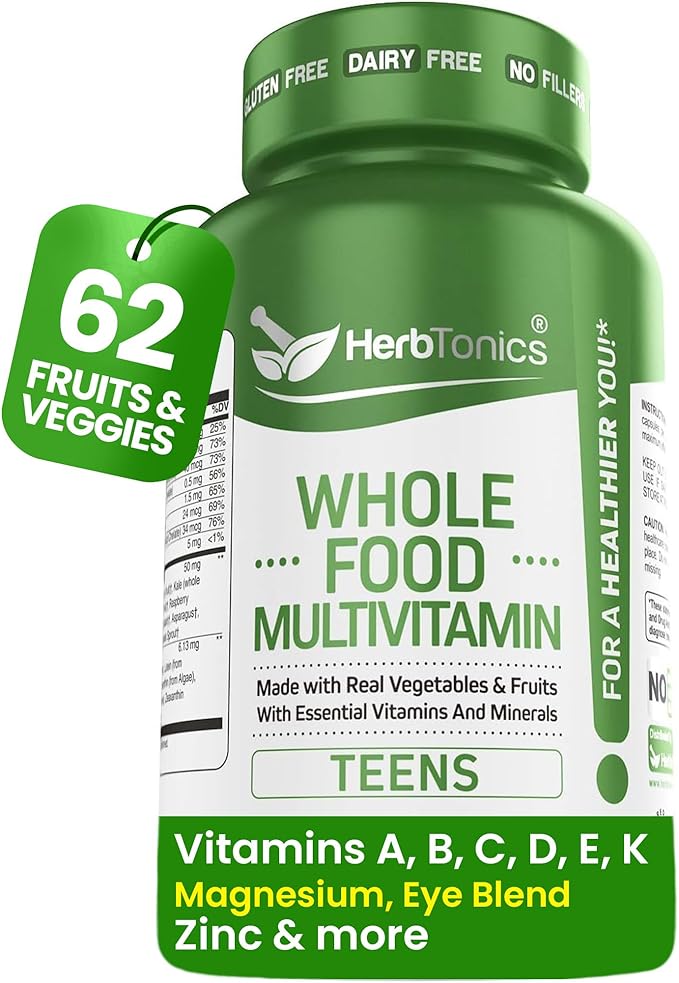 Herbtonics Whole Food Teen Vitamins for Energy Focus &amp Immune Support - Multivitamin for Teenage Boys &amp Girls (12-18) with Real Superfoods - Vegan Plant Based Non-GMO - 60 Easy Swallow Caps