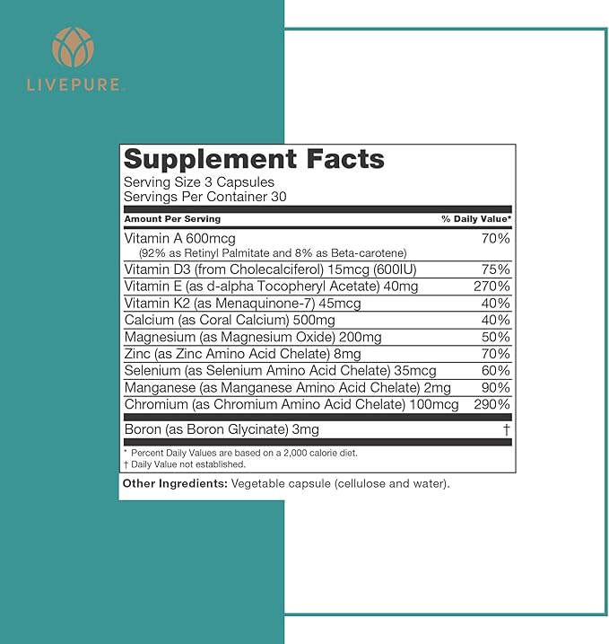 PURE LivePURE CalciuMK+ Capsules | 90ct | Supports Bone Health Collagen Formation &amp Joint Mobility | Non-Dairy Lactose-Free Calcium Supplement for Skeletal Support