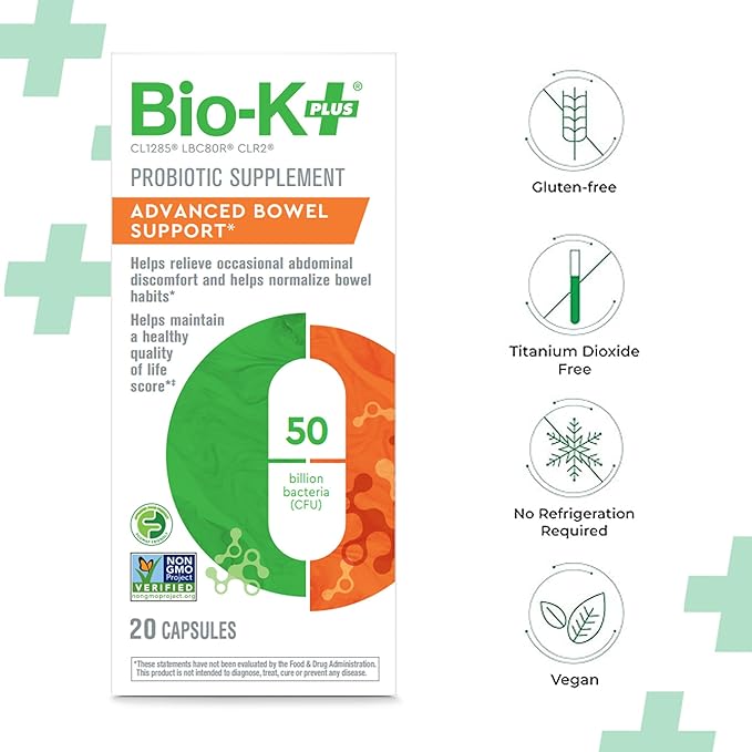 Bio-K+ Probiotic Advanced Bowel Support – 50 Billion CFU – Vegan Gluten-Free Non-GMO – Supports Digestive Health &amp Regularity – for Men &amp Women – 20 Probiotic Capsules
