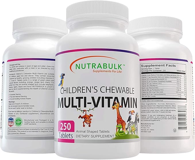 NutraBulk Children’s Chewable Multi-Vitamins - Promoting Kids' Overall Development - USA-Made May Help to Support Immune Bone Brain &amp Overall Well Being- Vegan &amp Gluten Free - 250 Cherry Ta