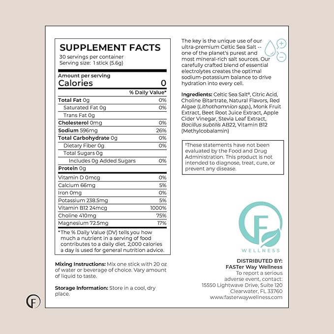 Faster Way - Hydration - Electrolyte Drink Mix - With Apple Cider Vinegar Choline Probiotics &amp Natural B Vitamins - Energize &amp Revive - Powder Packets - Zero Sugars -Gluten Free -Lemon Lime