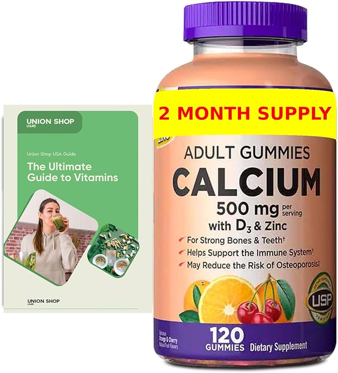 Calcium Gummies 500 mg with D3 &amp Zinc Bone Health 120 Gummies (1 Pack) Bundle with Vitamins Ultimate Guide (2 Items)