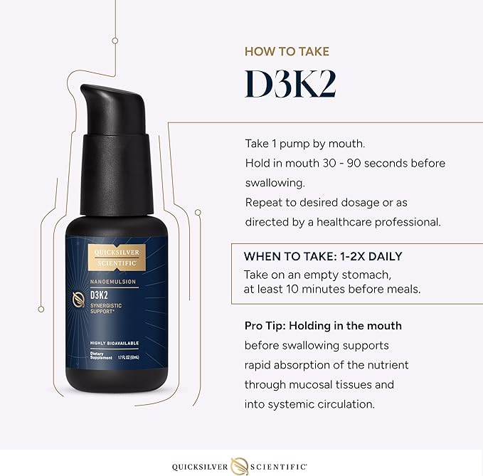 Quicksilver Scientific Nanoemulsified D3K2 - Emulsified Liquid Vitamin D3 + K2 MK7 Liposomal Supplement for Heart Bone Health + Immune Support - Bioactive 2500IU for Enhanced Absorption (1.7oz/50ml)