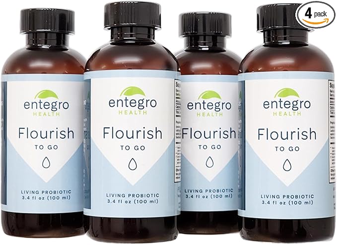 ENTEGRO Flourish to Go Liquid Probiotic &amp Postbiotic Supplement | 11 Live Cultures | Gut &amp Digestive Health for Women Men &amp Kids | Organic Vegan Allergen Free | USA Made | 4 x 3.4 fl oz