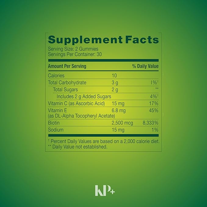 KP+ Hair Skin &amp Nails Biotin 2500 mcg | Adult Gummy Vitamins | Supports Healthy Hair Glowing Skin &amp Strong Nails | Strawberry Flavor | 60 Vegetarian Gummies | Non-GMO* | Pack of 1