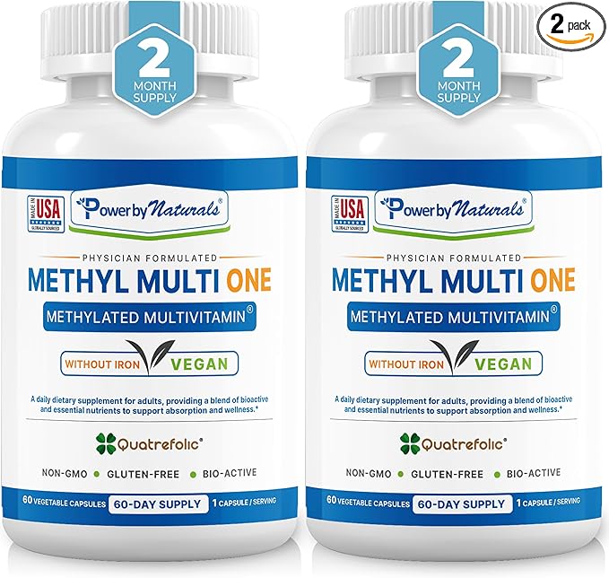 Power By Naturals Methyl Multi One – Iron-Free Methylated Multivitamin for Men &amp Women with B12 Methylcobalamin P5P Folate (5-MTHF) CoQ10 &amp Zinc for Energy &amp MTHFR Support 60 Capsules
