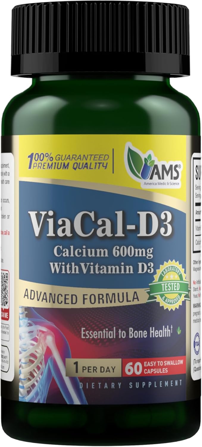 America Medic &amp Science ViaCal-D3 – Calcium 600mg with Vitamin D3 – Supports Bone Strength Muscle Function &amp Mobility – Helps Maintain Healthy Calcium Levels for Overall Wellness – 60 Capsule