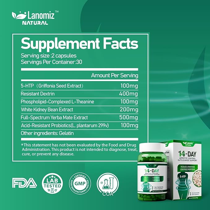 14DAY Appetite &amp Craving Control Gut Health Complex Featuring Delayed-Release Probiotics &amp White Kidney Bean Extract 5-HTP(5-hydroxytryptophan) 60 Vegetarian Capsules