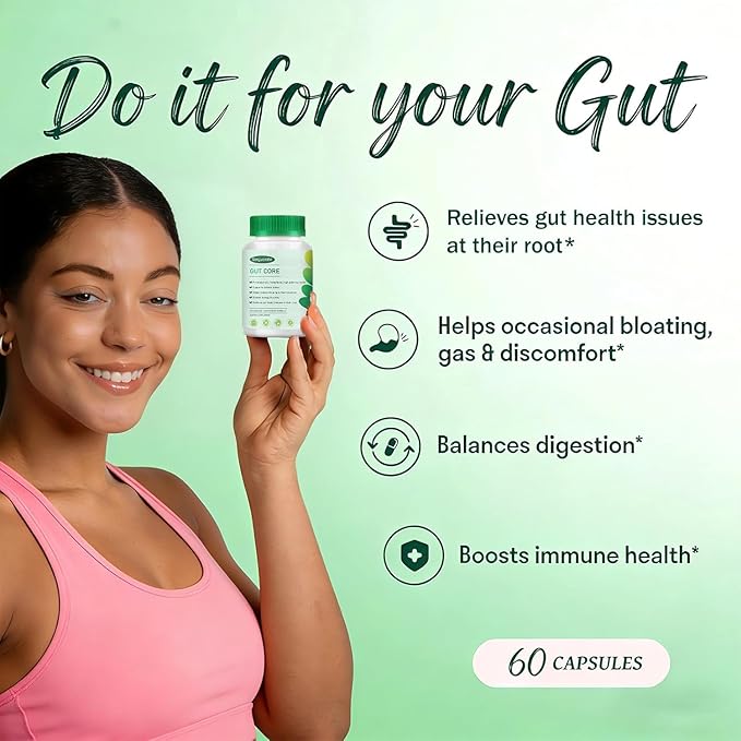GutCore Advanced Bloat Relief Capsules – Vegan Non-GMO Daily Gut Support Radiant Skin &amp Natural Detox – 60 Capsules