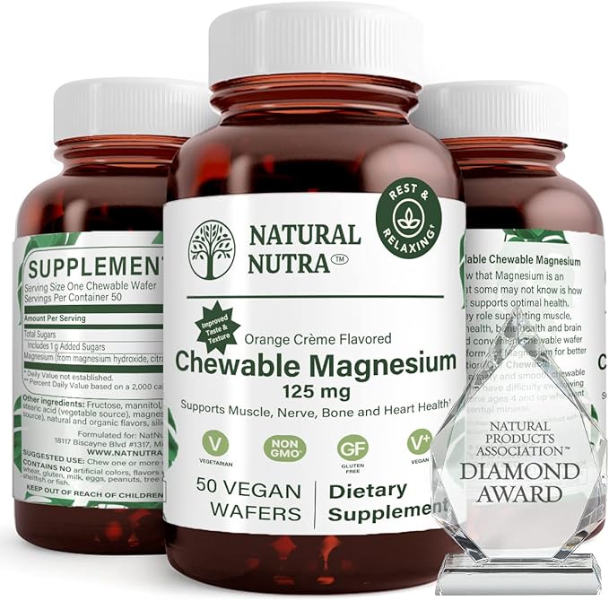 Natural Nutra Chewable Magnesium Supplement with Citrate and Chelate for Kids and Adults Promotes Better Sleep Best Pure Mag Chew for Muscle Nerve Bone and Heart Health 125mg 50 Vegan Wafers