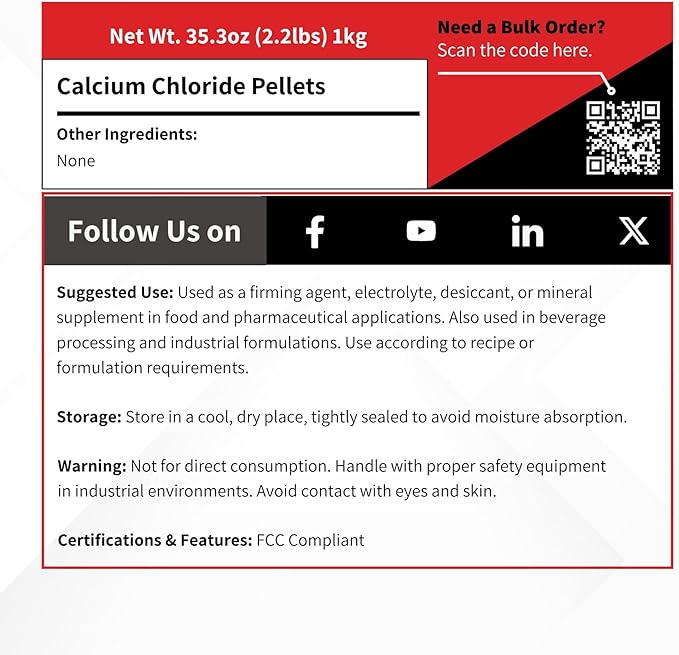 Calcium Chloride Pellets - 1 kg (2.2 lb) - Food Grade Anhydrous 94-97%