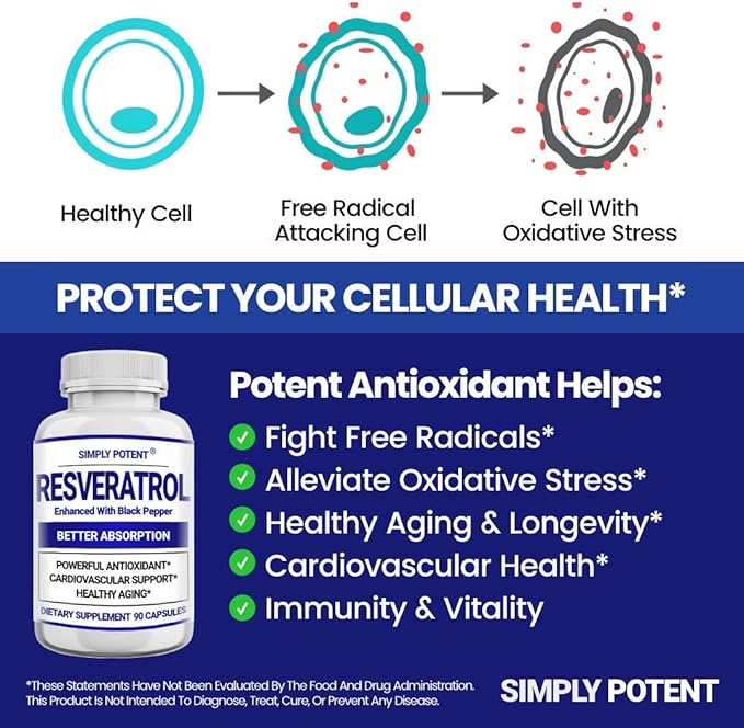 Resveratrol 1000mg Supplement Trans Resveratrol 500mg Resveratrol Enhanced with Black Pepper for Max Absorption Powerful Antioxidant &amp Anti-Aging Pills for Heart Immune &amp Skin Health 90 C